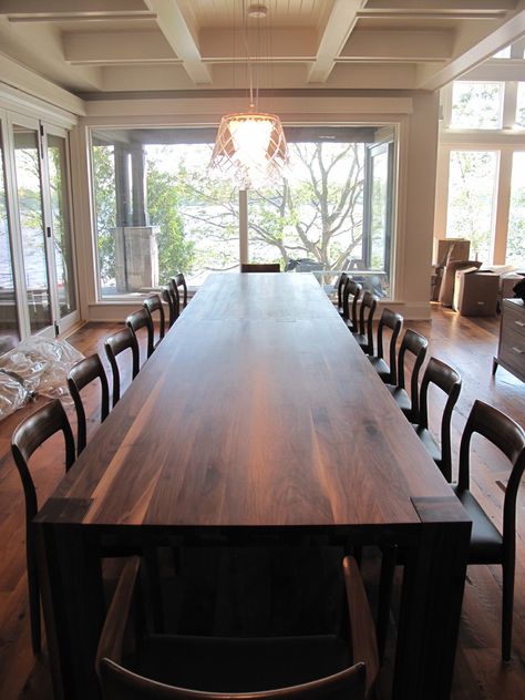 With its rich walnut finish and timeless design, picture this custom 16' long solid walnut dining table in your home!! Pair it with solid wood chairs, or a matching bench, the options are endless.  Visit our website to see more - we look forward to hearing from you. Long Walnut Dining Table, Really Long Dining Table, Reclaimed Wood Dining Room Table, 6 Ft Dining Room Table, 20 People Dining Table, 12 People Table, Giant Dining Table, Solid Walnut Dining Table, Dinner Table Wood Modern