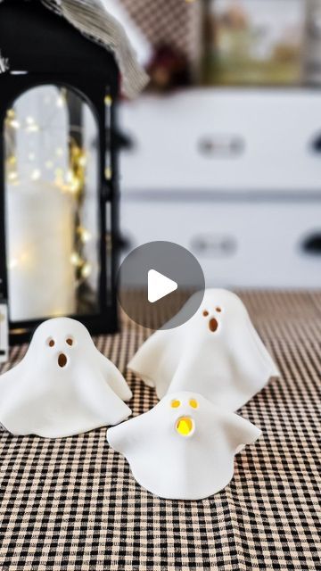 Cindy Long on Instagram: "Let's make some clay ghosts 👻 Easy, cute and just slightly spooky. Tutorial and supplies are listed below. Here's what you'll need: -rolling pin -model magic (check my stories for exact one I used) -tin foil squares -small styrofoam balls (one per 👻) -skewer Here's what you do: 1. Work a small ball of model magic in your hands for a few minutes until it softens 2. Shape foil around styrofoam ball, forming a shape that stands up by itself 3. Roll out clay until it's about 1/8-1/4" thin TIP: if you measure height of foil shape x2, your clay needs to be close to that in diameter 4. Make ghost 👀 and mouth with a skewer 5. Lay clay over foil and gently shape to fit TIP: clay can be gently stretched so it touches the table 6. Let excess clay create folds around ghost Ghost Clay Ideas, Model Magic Halloween Crafts, Modeling Clay Ideas Halloween, Clay Ghost Tealights, Air Dry Clay Ghosts Tutorial, Air Dry Clay Mini Ghosts, Moldable Clay Ideas, Fit Halloween Decorations, Foam Clay Halloween