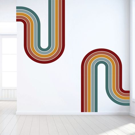 Retro Stripe Decals Rainbow Wall Decal Nursery Wall Sticker - Etsy UK Kids Accent Wall Boys, 70s Stripe Wall, Retro Stripe Wall, Retro Accent Wall, Aesthetic Edinburgh, Kids Accent Wall, Edinburgh Apartment, 70s Wall Mural, Vibrant Bathroom