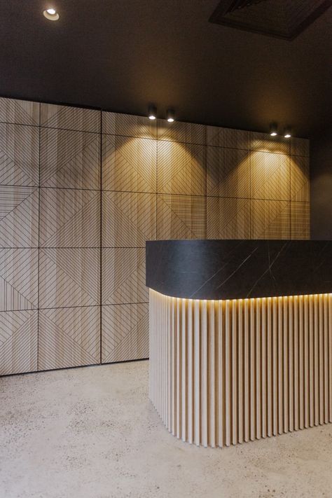 Tambour Reception Desk, Law Office Reception, Reception Counter Design, Fabric Architecture, Desk For Office, Reception Desk Design, Counter Desk, Office Lobby, Reception Counter