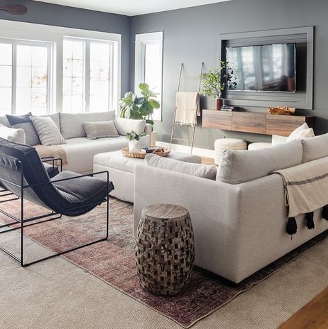 Dark Grey Family Room, Dark Grey Living Room Walls, Dark Grey Walls Living Room, Lake House Family Room, Game Table And Chairs, Apartment 2023, Lilypad Cottage, Dark Grey Living Room, Grey Walls Living Room