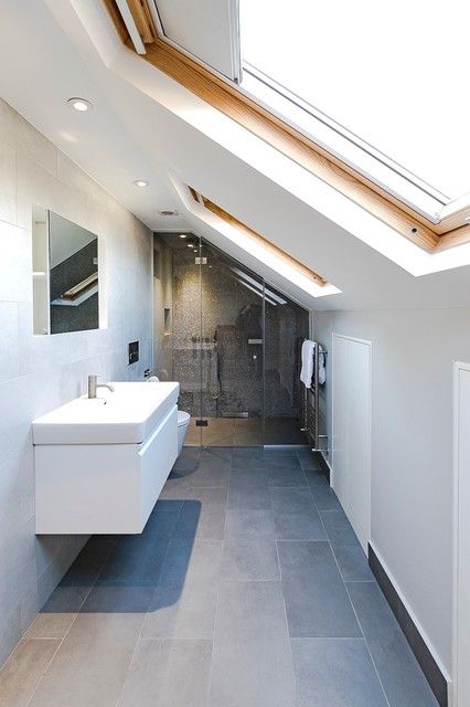 ensuite loft bathroom in eaves - Contemporary - Bathroom - London - by VC Design Architectural Services | Houzz Georgian Renovation, Ensuit Bathroom, Loft Bathrooms, Loft Bathroom Ideas, Sloped Ceiling Bathroom, Bathroom London, Loft Ensuite, Attic Bathroom Ideas, Small Attic Bathroom