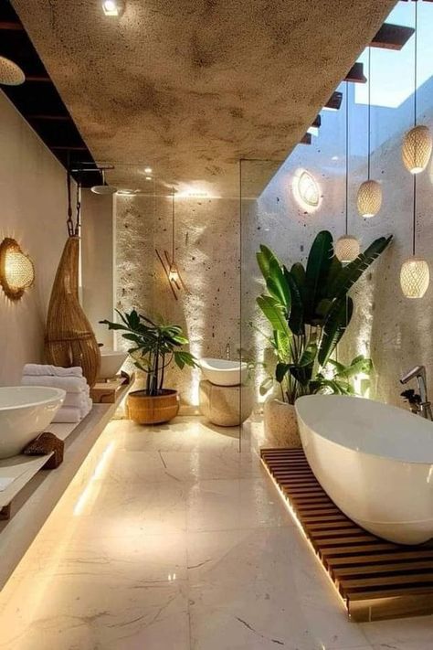 Modern Bali Bathroom, Bali Style Bathroom, Bali Bathroom, Dream Bathroom Luxury, Bali Interior Design, Amazing Home Office, Canggu Villa, Bali Jungle, Bali Luxury Villas