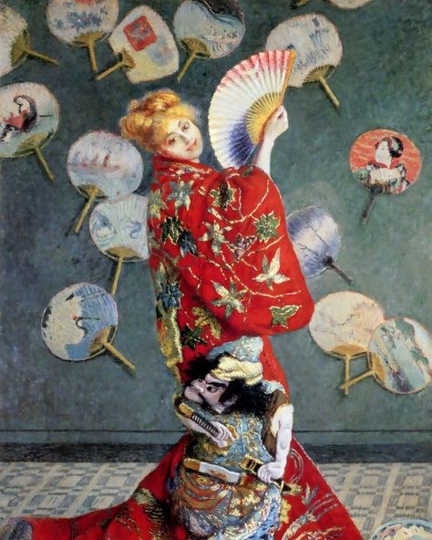 Madame Monet in a Japanese Kimono, also known simply as La Japonaise, was panted by Monet in 1876 when he was in his mid-thirties. The painting is a snapshot of the culture at the time: France was experiencing a fad for the trappings of Japanese culture, and Monet responded by painting his wife Camille in full Japanese costume. As an impish punchline, Monet painted Camille wearing a blonde wig, so as to underline the fact that she is a European with no ties to Japanese culture at all! Behi... Japanese Costume, Claude Monet Paintings, Caspar David Friedrich, Monet Paintings, Oil Painting Reproductions, Painting Reproductions, Blonde Wig, Museum Of Fine Arts, Japanese Kimono