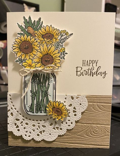 Su Jar Of Flowers Cards, Handmade Cards With Sunflowers, Sunflower Birthday Cards Handmade, Stampin Up Jar Of Flowers Cards, Mason Jar Cards Handmade, Jar Of Flowers Stampin Up Cards, Sunflower Cards Handmade, Stampin Up Jar Of Flowers, Jar Of Flowers