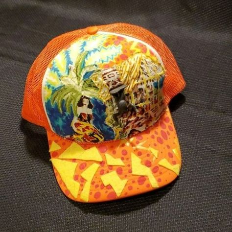 Selling A Nice, Funky Custom Patchwork Trucker Hat , Hand Crafted One Of A Kind This One Is Orange With Yellow Patches On The Brim Rocking A Design With A Woman Next To A House And A Palmtree Also An Upside-Down Figure. Never Worn I Bought As Used So I Listed That Way. Please Forward Any Questions You May Have & Bundle Up To Save Or Reasonable Offers Considered. Thanks For Shopping My Closet. Ny Yankees Hat, Dior Bucket Hat, Gucci Bucket Hat, Ladies Dress Hats, Yankees Hat, Funky Hats, Packable Hat, Pom Pom Beanie Hat, Straw Fedora Hat