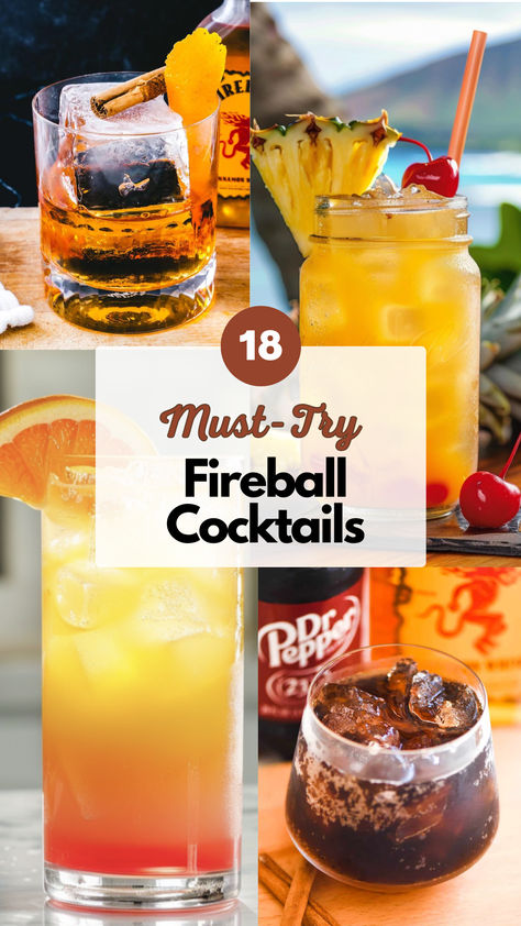 Fireball Cocktails Fire Alcohol Drinks, Drinks Alcohol Recipes Fireball, Fireball Food Recipes, Mixed Drinks With Fireball Whiskey, Recipes Using Fireball Whiskey, Fireball And Pineapple Juice, Drinks With Cinnamon Whiskey, Fireball Drinks Cocktails, Drinks To Make With Fireball