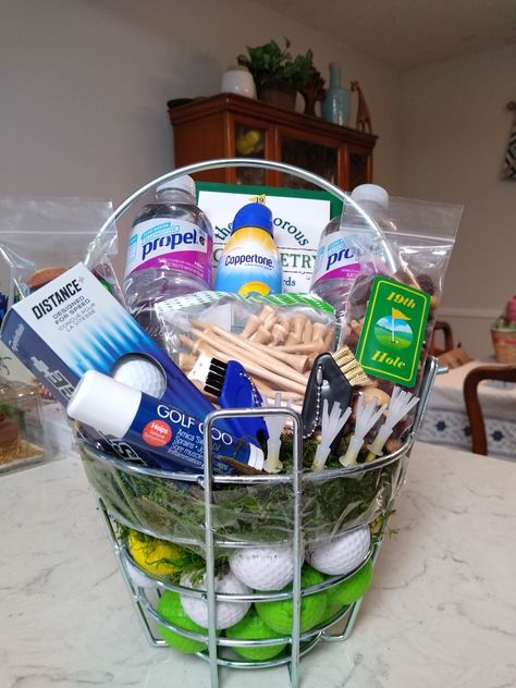 Golf Donation Basket, Golf Tournament Basket Ideas, Golf Baskets Ideas, Golf Auction Basket, Golf Auction Basket Ideas, Golf Outing Basket Ideas, Golf Care Package, Golf Fundraiser Basket Ideas, Golf Snacks Bags