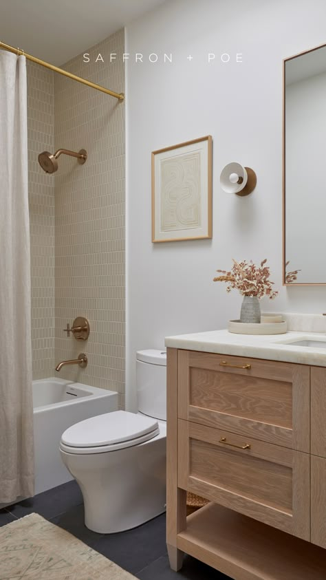 The Guest Bathroom⌇Small but mighty was our goal when it came to this client's powder room and guest bath, making sure that each one of these spaces had their own moment in this larger scope renovation. For the Guest Bath, we leaned into earthy, neutral colors and materials - with a custom white oak vanity, onyx countertop, Heath Ceramics shower tile, Clé Tile slate flooring, and an extra, 𝒆𝒙𝒕𝒓𝒂 long linen shower curtain. Bathroom Decor Neutral, Bathroom Palette, Curtain Solutions, Bathroom Timeless, Neutral Bathroom Tile, Bathroom Neutral, Brass Bathroom Fixtures, Tranquil Bathroom, Neutral Bathroom Decor