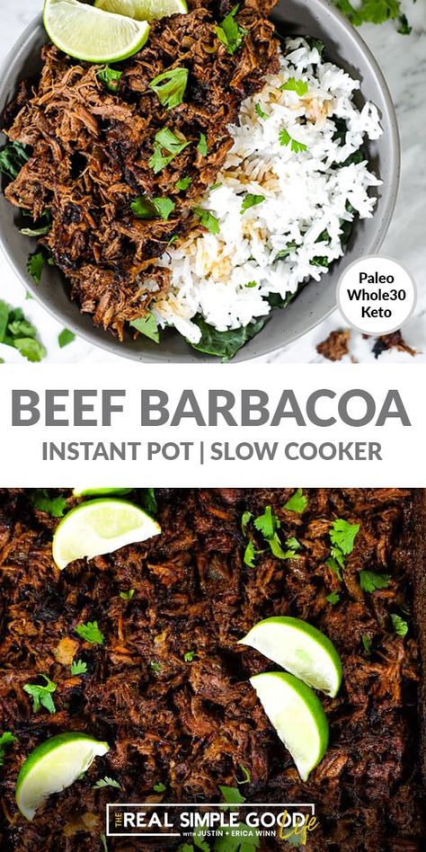 Make this healthy, mouth-watering beef barbacoa using the instant pot or slow cooker! An authentic mexican recipe that's easy to make and gives you a big batch shredded beef with smoky chipotle flavor. Use it for tacos, bowls, salads or even nachos. It's Paleo, Whole30 and Keto friendly too! #beefbarbacoa #slowcooker #keto #whole30 Barbacoa Nachos, Beef Barbacoa Slow Cooker, Whole30 Beef, Beef Barbacoa, Instant Pot Slow Cooker, Barbacoa Recipe, Healthy Mouth, Barbacoa Beef, Mexican Recipe