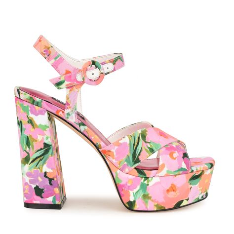 Vallen Strappy Platform Sandals in Pink Floral Preppy Heels, Multicolor Heels, Homecoming Heels, Senior Hoco, Bold Heels, High Heels For Prom, Homecoming Shoes, Strappy Platform Sandals, Hoco Dress