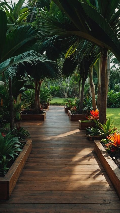 Tropical Escape: 15 Stunning Design Ideas for Your Backyard Paradise - pulsepathlife.com Banana Tree Front Yard, Tropical Pool Landscaping Ideas, Lebanon Landscape, Tropical Landscaping Front Yard, Resort Landscape Design, Balinese Landscape, Tropical Resort Design, Desert Elements, Architecture Plants