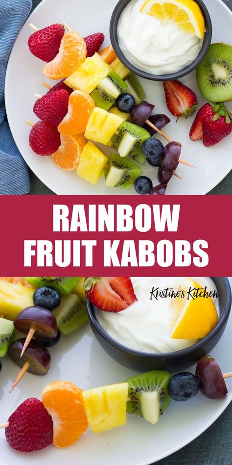 Healthy Greek Yogurt Dip, Rainbow Fruit Kabobs, Easy Kabobs, Fruit Kabob, Greek Yogurt Dip, Pizza Fruit, Appetizer Easy, Berry Fruit Salad, Greek Yogurt Dips