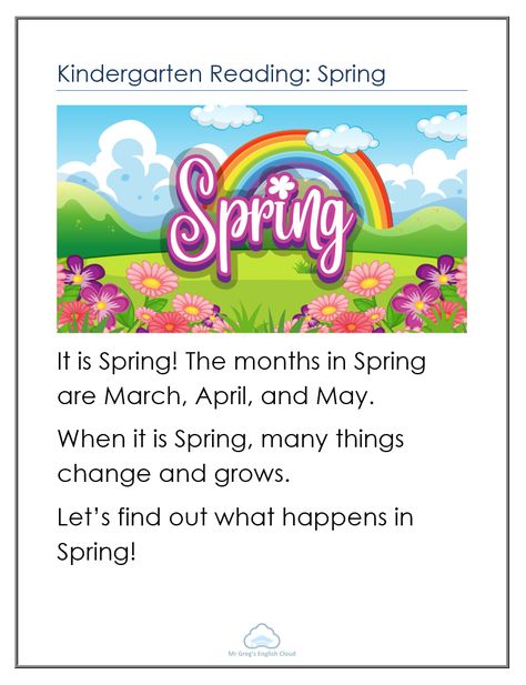 Kindergarten Reading Spring Spring Songs, Teaching Worksheets, Phonics Reading Passages, Teach English To Kids, Reading Comprehension Lessons, Kindergarten Reading Worksheets, Reading For Beginners, English Worksheets For Kids, Phonics Reading