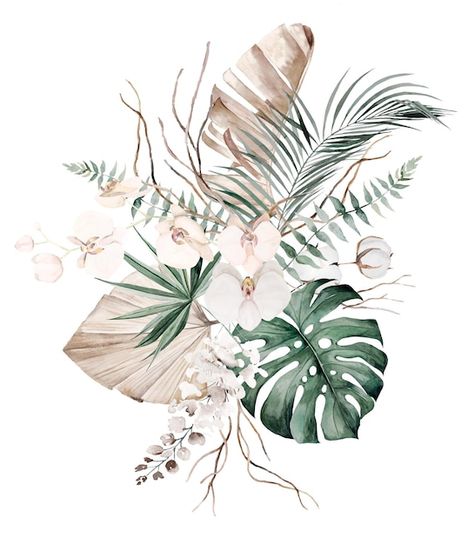 Wedding boho watercolor bouquet with bei... | Premium Photo #Freepik #photo #watercolor-boho #boho-invitation #bohemian #boho-flowers Green Boho Background, Watercolor Tropical Plants, Boho Flower Clipart, Green Bohemian Beach Patterns, Watercolor Tropical Flowers Frame, Friend Poses Photography, Red Boho, Boho Bouquet, Watercolor Bouquet