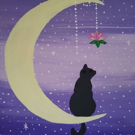 Crescent Moon Acrylic Painting, Crescent Moon Art, Black Cat Sitting, Sitting On The Moon, Cat Shadow, Black Cat Painting, Shadow Painting, Purple Painting, Small Canvas Paintings