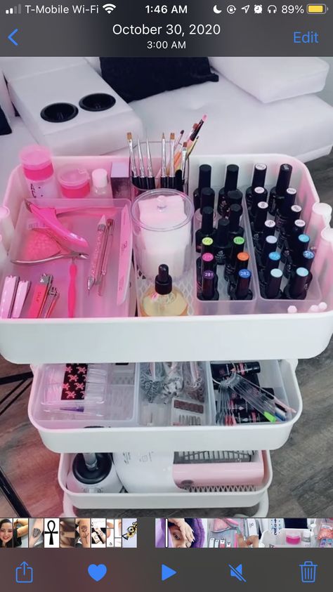 Nails At Home Setup, Nail Organizer Ideas, Small Nail Salon Ideas Business, Nail Set Up In Bedroom, Nail Desk In Bedroom, Portable Nail Station, Acrylic Powder Organization, Nail Tech Organization Ideas Storage, Nail Cart Organizer Ideas