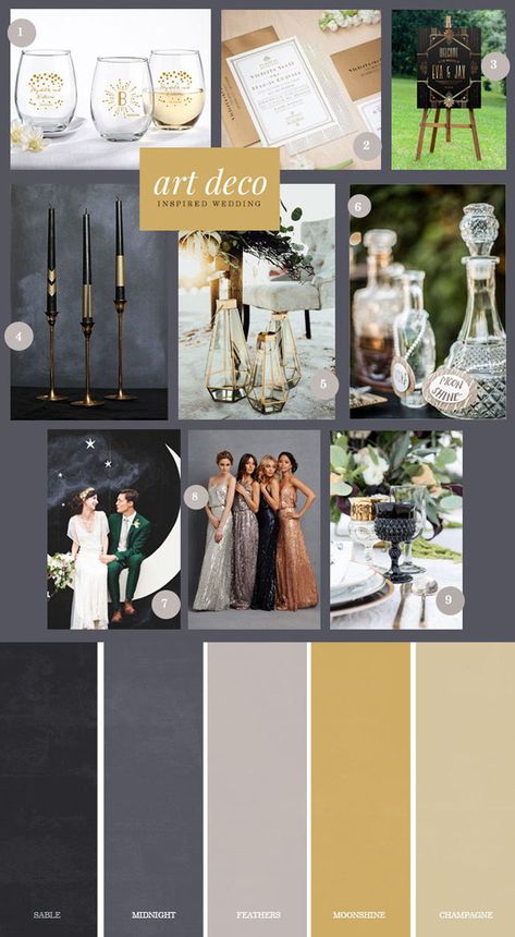 One of the most exciting decades to mirror your wedding after is the 1920’s – all of the glamour and grace in style and decor come together for a simply stunning wedding day. | 9 Ideas for an Art Deco Inspired Wedding | My Wedding Favors | #artdeco #wedding Art Deco Wedding Colors, Art Deco Wedding Color Palette, Art Deco Bridal Shower Ideas, Art Deco Wedding Decorations, 1920 Wedding Theme, Art Deco Wedding Flowers, Art Deco Wedding Centerpieces, Modern Gatsby, Unique Bridal Shower Themes