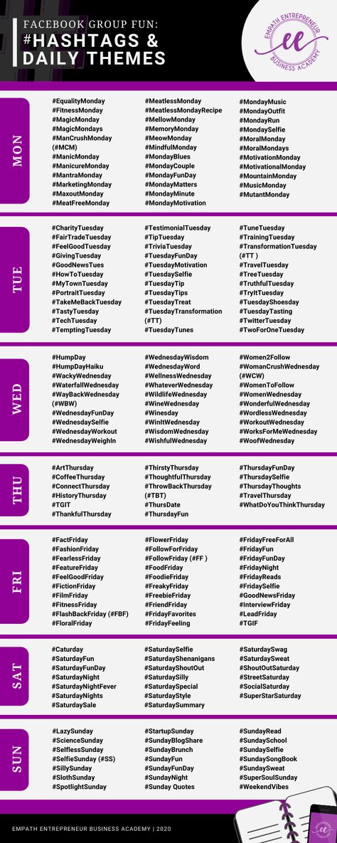 Endless Inspiration: #Hashtags and Daily Themes [Infographic] Friday Themes For Social Media, Daily Hashtags Social Media, Daily Themes Social Media, Daily Social Media Post Ideas, Saturday Hashtags, Tuesday Hashtags, Pure Romance Games, Support Small Business Quotes, Social Media Hashtags