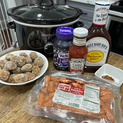 Crockpot Meatballs and Little Smokies - Cooking in the Midwest Bbq Lil Smokies Crock Pot, Bbq Smokies Crockpot, Cocktail Meatballs Crockpot, Crockpot Bbq Meatballs, Cooking In The Midwest, Cooking Frozen Meatballs, Sweet Meatballs, Crockpot Meatballs, Little Smokies