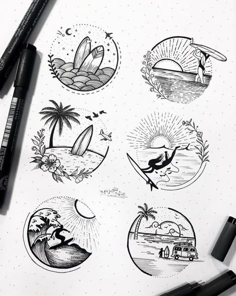 Surfers Tattoo, Surfer Tattoo Ideas, Surf Tattoo Ideas, Surfing Tattoo, Surf Tattoos, Tattoo Ideas Summer, Summer Tattoo Ideas, Beach Drawings, Surfer Tattoo