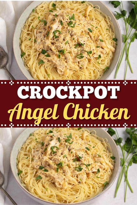 Dinner is easy with this Crockpot angel chicken! With just 7 ingredients, it's a heavenly meal everyone will love. Chicken Angel Hair Pasta, Crockpot Chicken Alfredo, Angel Chicken, Hacks For Home, Chicken Crockpot Recipes Easy, Chicken Crockpot, Chicken Entrees, Chicken Dinners, Easy Slow Cooker Recipes