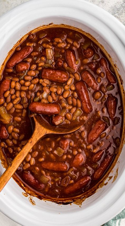 Crock Pot Smokies Recipe, Baked Beans And Sausage Recipe, Beans And Weenies Recipes Crock Pot, Crockpot Beans And Weenies, Lil Smokies Dinner Ideas, Crockpot Bbq Lil Smokies, Crockpot Baked Beans With Sausage, Beef Lil Smokies Recipes, Beanie Weenies Recipes Crock Pot