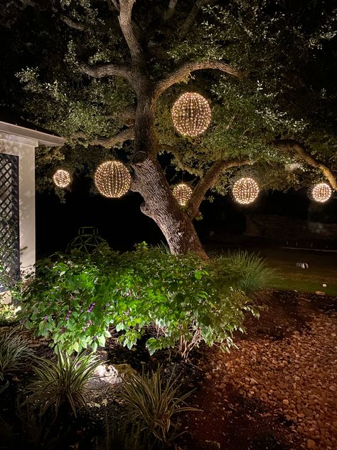 Lighted Tree Decor, Outdoor Orb Lights, Hanging Tree Lights Outdoor, Outdoor Tree Lanterns, Hanging Sphere Lights, Outdoor Globe Lights Patio, Outdoor Lighting Chandelier, Garden Spheres Ideas, Tree With Lights Outdoor