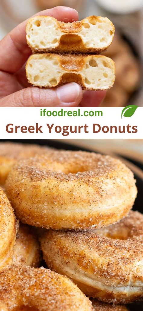 These Greek Yogurt Donuts have no yeast, no eggs, and no frying. Just bake in a donut maker, air fryer, or oven and then dust with cinnamon sugar. Healthy Protein Donut Recipe, Greek Yogurt Donut Recipe, Gluten Free Air Fryer Donut Recipes, Greek Yogurt Donut Holes, Healthy Donut Recipe, Greek Donuts, Protein Donuts Recipe, Healthy Donuts Recipe, Air Fryer Donuts