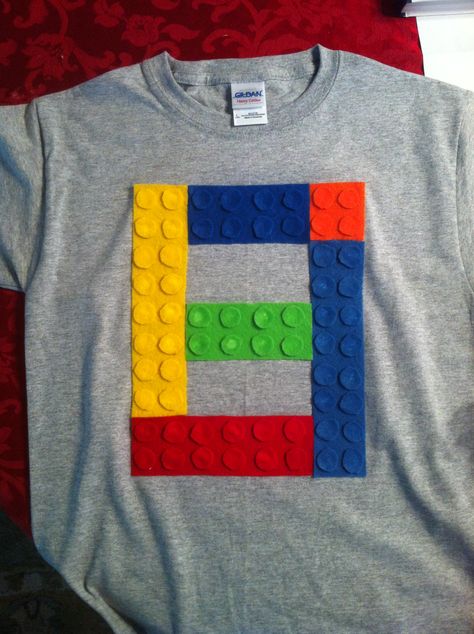 Homemade Lego shirt for 8th birthday.Felt, fabric glue and patience :) Lego Shirt Ideas Birthday, Diy Lego Shirt, Legoland Shirts, Lego Birthday Shirt, Legos Birthday, Diy Kids Shirts, Lego Movie Party, Lego Friends Birthday, Lego Friends Party