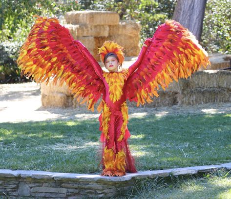 Phoenix costume Phoenix Headpiece, Phoenix Costume Diy, Halloween Prisoner Costume, Phoenix Costume, Fire Costume, Angel Wings Costume, Trio Halloween Costumes, Broadway Costumes, Bird Costume