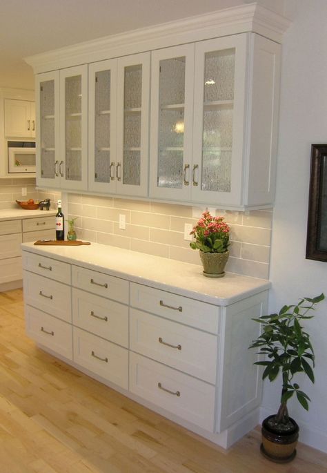 Painted White cabinets in built in storage hutch with reduced depth cabinets in base Kitchen Buffet Cabinet, Kitchen Base Cabinets, Kabinet Dapur, White Shaker Cabinets, Kitchen Buffet, Cabinet Remodel, New Kitchen Cabinets, Built In Cabinets, Ikea Kitchen