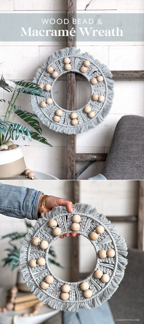 This month, we’ll show you how to create this stunning Macrame Wreath with Wood Beads – a gorgeous way to welcome spring right to your front door! Macrame Wreath Diy Tutorial, Macrame Wreath Diy, Wire Wreaths, Macrame Wreath, Basic Knots, Large Beads, Wedding Crafts Diy, Diy Artwork, Wreath Diy