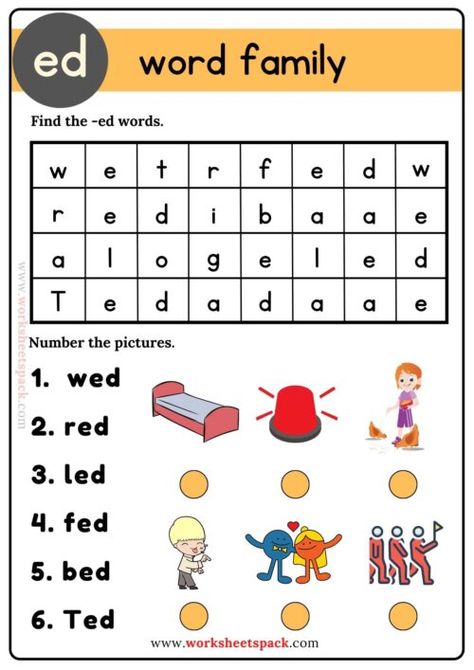 Ed Family Words Worksheet, Ed Words Worksheet, Family Words Worksheets For Kids, Ed Words, Ed Word Family, Ukg Worksheet, Word Family Reading, Word Puzzles For Kids, Puzzle Printable