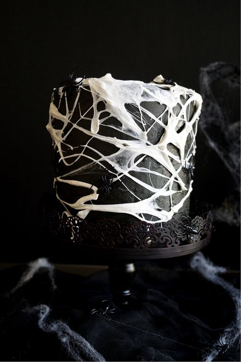 vegan marshmallow spiderweb cake | The Baking Fairy Goth Cake, Spiderweb Cake, Spider Web Cake, Wednesday Dance, Chocolate Extract, Postres Halloween, Black Food Coloring, Fun Halloween Treats, Spooky Halloween Treats