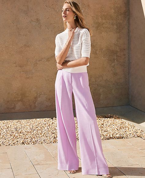 Our pleated wide leg pant is a modern must-have, with a perfect drape and high waist that endlessly flatters. Front zip with double hook-and-bar closure. Belt loops. Front pleats. Front off-seam pockets. Back besom pockets.,Leg Shape:Leg Shape: Wide Leg – a modern must-have with a statement leg and flattering high waist,Rise:High rise: sits 1/2" to 1" below natural waist,Imported:Imported,Fit:Fit: Relaxed & easy,Length:Full length: 31" inseam with 26" leg opening,Fabrication:55% Linen, 43% Viscose, 2% Spandex,Garment Care:Machine Washable The Single Pleated Wide Leg Pant in Linen Blend by Ann Taylor Size regular - 16 Crisp Lilac Women's Linen, Blend, Regular, Wide, Leg, Pants, 55%, Linen, 43%, Viscose, 2%, Spandex, Machine, Washable Purple Linen Pants Outfit, Light Purple Pants Outfit, Lilac Pants Outfit, Lilac Outfits, Linen Pant Set, Mauve Outfit, Purple Pants Outfit, Lilac Pants, Purple Linen