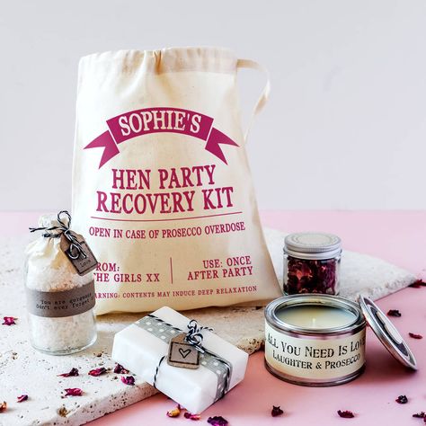 personalised hen party mini spa recovery kit by the little picture company | notonthehighstreet.com Party Recovery Kit, Hen Party Survival Kit, Groomsmen Favors, Bachelorette Hangover Kit, Hangover Kit Bags, Hen Party Gifts, Long Lasting Candles, Mini Spa, Hangover Kit