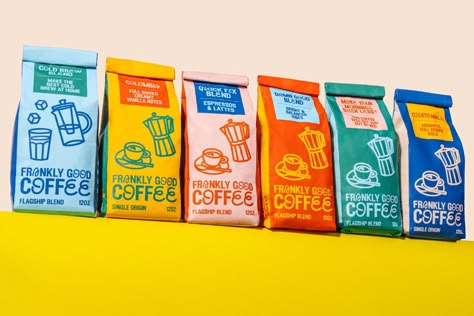 Shot this amazing company called Frankly Good Coffee thats located in Colorado. I wanted to use neutral colors in the shoot to allow the bright packaging to pop out. Shot by The Meadow Studios Ground Coffee Packaging, Amazing Packaging Design, Coffee Art Direction, Health Bar Packaging, Coffee Pouch Packaging Design, Coffee Company Branding, Coffee Cup Packaging Design, Drip Coffee Packaging, Juice Box Design