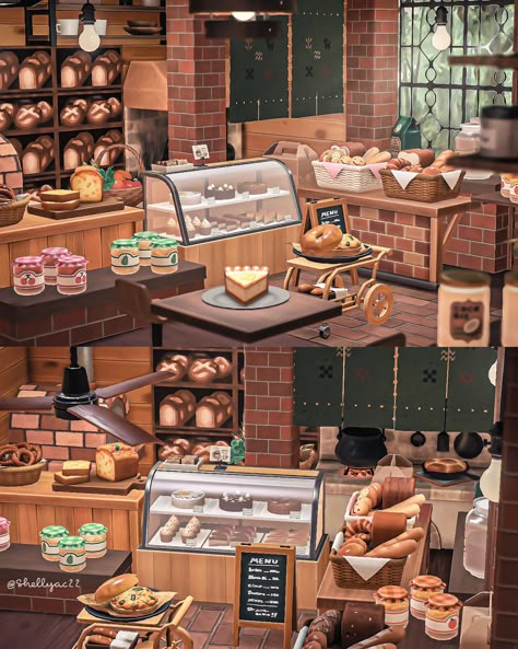 Animal Crossing Shop Layout, Merengue Animal Crossing House, Acnh Happy Home Paradise Bakery, Animal Crossing Dessert Shop, Animal Crossing Coffee Shop Design, Animal Crossing Bakery Design, Acnh Merengue House, Acnh Bakery Stall, Acnh Dessert Shop