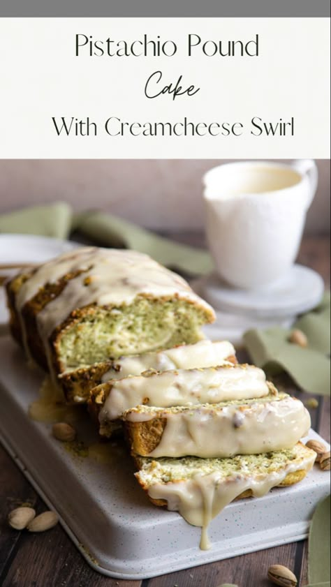 THIS TENDER PISTACHIO POUND CAKE IS PACKED WITH PISTACHIO FLAVOR, TANGY CREAM CHEESE SWIRLS AND GLAZED WITH A SWEET CREAM CHEESE TOPPING Pistachio Paste Desserts, Pistachio Trifle, Pistachio Loaf Cake, Pistachio Pound Cake, Pound Cake With Cream Cheese, Cream Cheese Swirl, Pistachio Dessert, Pistachio Recipes, Cheese Pound Cake