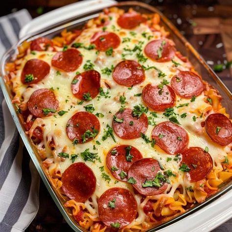 Pepperoni Pizza Casserole: A Cheesy Comfort Classic Pepperoni Casserole, Pepperoni Pizza Casserole, Ground Beef And Cabbage, Garlic Shrimp Pasta, Main Dish Casseroles, Pizza Casserole, Pizza Flavors, Pasta Casserole, Sausage Soup