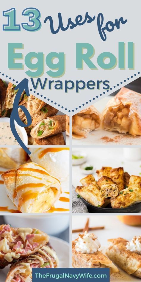 Looking for extra uses for egg roll wrappers? Here are some great ways to use your egg roll wrappers so they don't go to waste. #eggrollwrappers #usesfor #frugalliving #roundup #frugalnavywife | Uses for Egg Roll Wrappers | Frugal Living | Roundup | Uses For | Recipes Using Egg Roll Wrappers, Healthy Egg Rolls, Egg Roll Wrapper, Egg Roll Wraps, Egg Roll Filling, Homemade Egg Rolls, I Lost 100 Pounds, No Egg Desserts, Chicken Egg Rolls