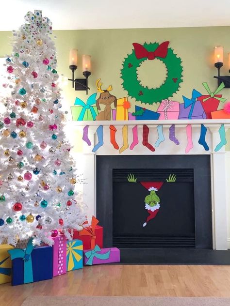 Grinch In Fireplace, How The Grinch Stole Christmas Parade Float, Grinch Library Decorations, Grinchmas Office Decorations, Grinch Fireplace Decor Diy, Dr Suess Christmas Decor, Mt Crumpit Grinch, Whoville Fireplace Diy, Grinch Fireplace Diy