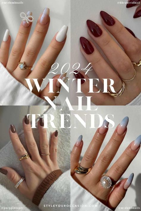 7 Of The Hottest Winter Nail Trends To Try in 2024! Trendy Nails Ideas 2024 December, December Nail Trends 2024, Holiday 2024 Nail Trends, Christmas Nail Trend 2024, Hottest Nail Colors Right Now, Nail Color Trend Winter 2024, Nyc Christmas Nails, Trending Acrylic Nails 2024, December Nails 2024 Trends