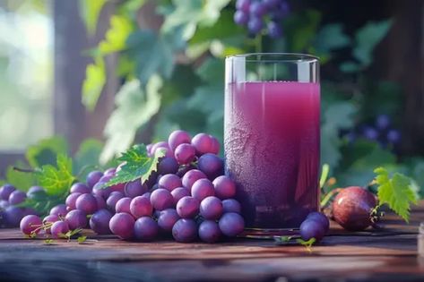 ↑↑↑ Larger size on website 🔸 A tall glass of deep purple grape juice sits on a wooden table, surrounded by ripe purple grapes and 🔸 From Midjourney AI Image Healthy Summer Treats, Purple Grapes, Grape Juice, Healthy Summer, Summer Treats, Wooden Table, Wooden Tables, Deep Purple, Vines