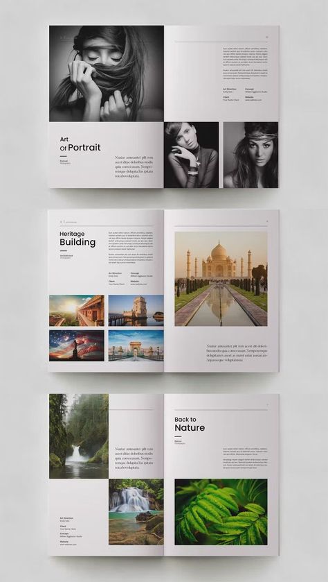 Photobook Template PSD. 24 pages. Layout Design Photobook, Photo Essay Layout Design, Coffee Table Book Layout Design, Photobook Layout Design, Book Layout Design Inspiration, 4 Picture Layout, Photo Layout Design, Photo Book Layout Design, Photo Book Layout