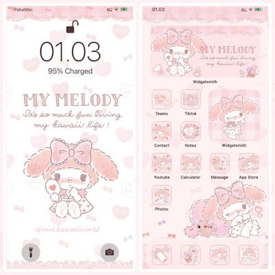 Kawaii World : My Melody Make up theme My Melody Themed Phone, My Melody Homescreen, Kawaii Phone Theme, Cute Home Screens, Iphone Theme, Widget Icons, My Melody Wallpaper, Android Theme, Iphone Home Screen Layout