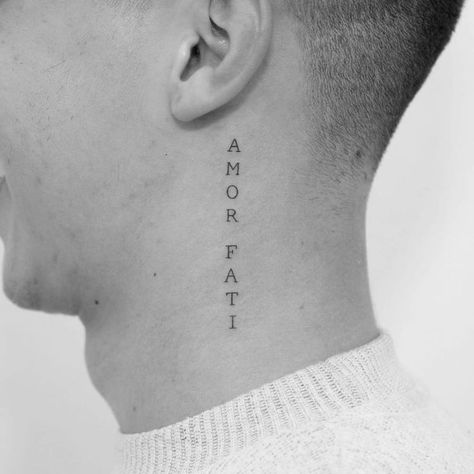 Amore Neck Tattoo, Neck Simple Tattoo, Amor Fati Tattoo Men, Amor Fati Tattoo, Typographic Tattoo, Clovis Point, Side Neck Tattoo, Phoenix Tattoo Design, Neck Tattoos Women