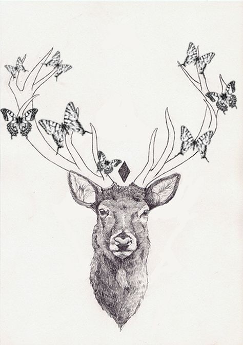 birds instead of butterflies + some flowers Deer Butterfly Tattoo, Deer And Butterfly Tattoo, Stag Tattoo Design, Reindeer Tattoo, Deer Head Tattoo, Elk Tattoo, Antler Tattoo, Stag Tattoo, Flower Tattoo Drawings