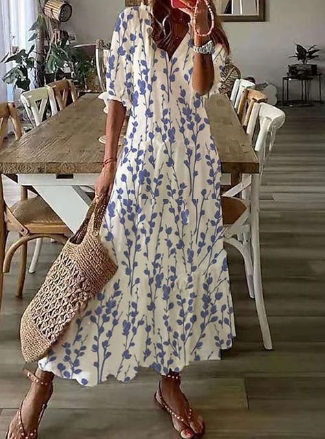 Season:Summer,Spring; Fabric:Cotton; Sleeve Length:Half Sleeve; Look After Me:Machine wash; Gender:Women's; Style:Casual; Elasticity:Micro-elastic; Occasion:Weekend,Daily; Fit Type:Regular Fit; Dresses Type:Casual Dress; Pattern:Floral; Design:Print; Neckline:V Neck; Front page:FF; Listing Date:08/17/2022; Production mode:External procurement; 2023 Trends:2023; Bust:; Length:; Sleeve:null; Dress Length Type:Long Dress Maxi Dress Printed Maxi Length V-neck Dress For Spring, Summer Printed V-neck Maxi Dress, Spring V-neck Maxi Dress With Boho Print, Casual Maxi Dress With Floral Print And 3/4 Sleeve, White V-neck Boho Print Maxi Dress, Bohemian Summer Dresses, Floral Dress Casual, Drawstring Dresses, 2023 Trends